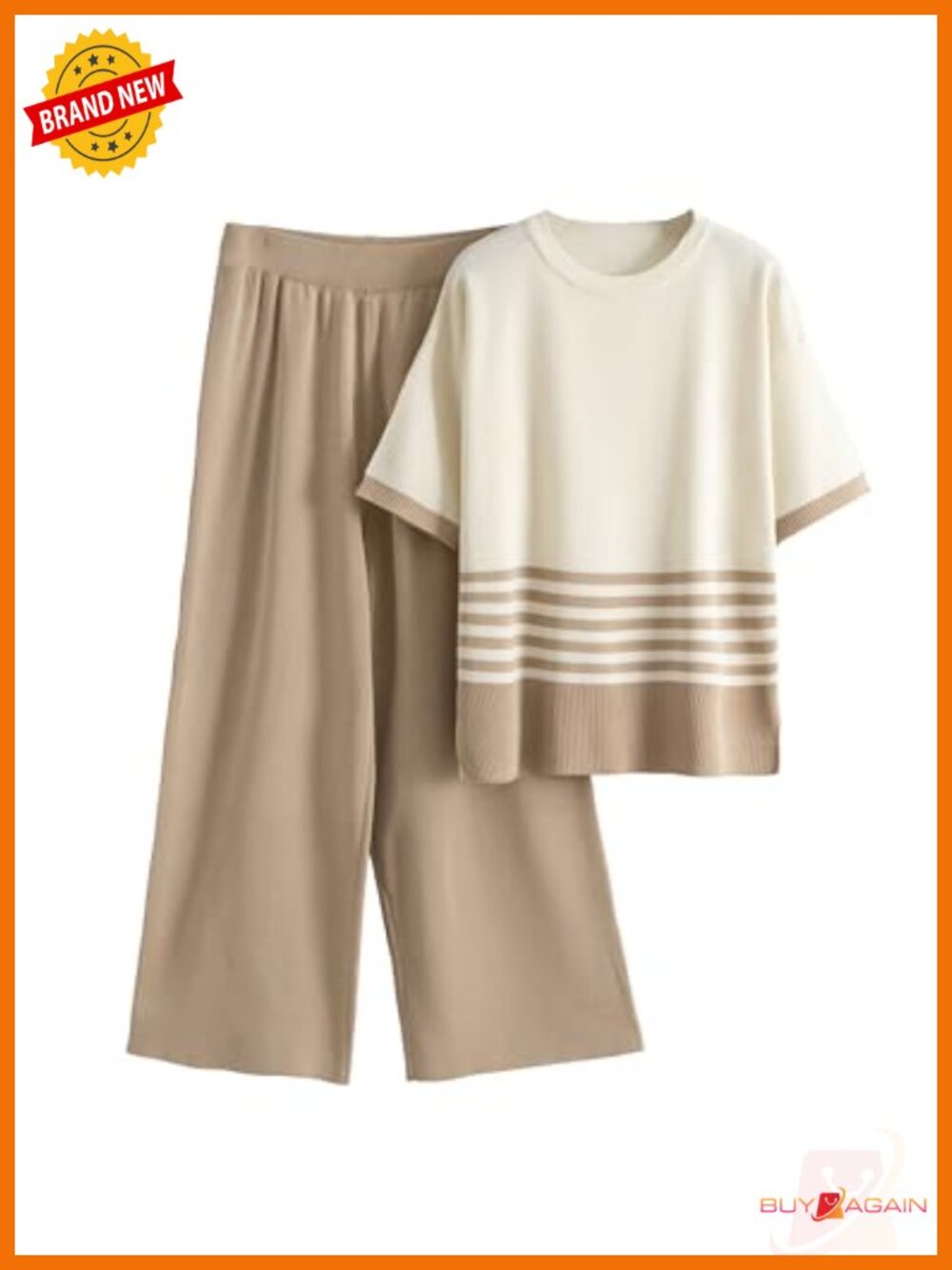 Women's 2 Piece Lounge Set Striped Short Sleeve Top Wide Leg Pants Knit